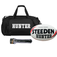 Load image into Gallery viewer, Personalised Rugby League Starter Pack Bundle (White &amp; Red Steeden Ball + Sports Bag + Ball Pump)
