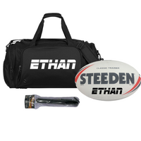 Load image into Gallery viewer, Personalised Rugby League Starter Pack Bundle (White &amp; Red Steeden Ball + Sports Bag + Ball Pump)
