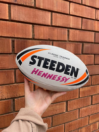 Load image into Gallery viewer, Personalised White &amp; Orange Steeden Rugby League Ball (Mod Size)
