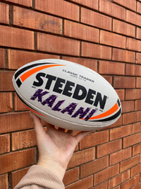 Load image into Gallery viewer, Personalised White &amp; Orange Steeden Rugby League Ball (Mod Size)
