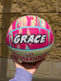 Load image into Gallery viewer, Personalised Spalding Pink Multi Marble Glow Rubber Basketball (Size 5, 6)

