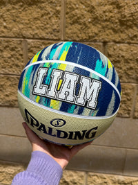 Load image into Gallery viewer, Personalised Spalding Blue Multi Marble Glow Rubber Basketball (Size 5, 6, 7)
