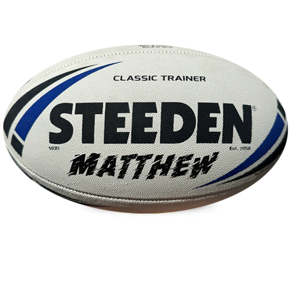 Personalised White/Blue Steeden Rugby League Balls (Mod Size)