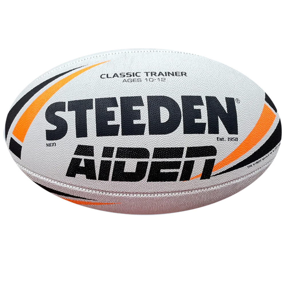 Personalised White & Orange Steeden Rugby League Ball (Mod Size)