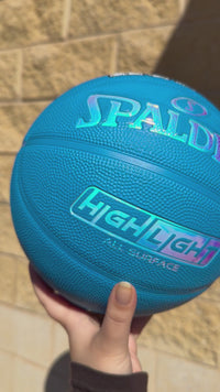 Load and play video in Gallery viewer, Personalised Spalding Rubber Blue Highlight Rush Basketball (Size 5, 6, 7)

