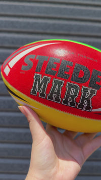 Load and play video in Gallery viewer, Personalised Multi Colour Steeden Rugby League Ball (Mini Size, Mod Size)
