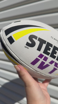 Load and play video in Gallery viewer, Personalised White/Yellow Steeden Rugby League Balls (Mini Size)
