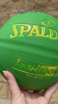 Load and play video in Gallery viewer, Personalised Spalding Rubber Green Highlight Rush Basketball (Size 5, 6, 7)
