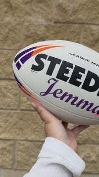 Load and play video in Gallery viewer, Personalised Match Rugby League White/Purple Steeden (size 5)

