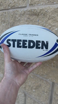 Load and play video in Gallery viewer, Personalised White/Blue Steeden Rugby League Balls (Mod Size)

