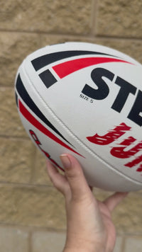 Load and play video in Gallery viewer, Personalised White &amp; Red Steeden Rugby League (size 5)

