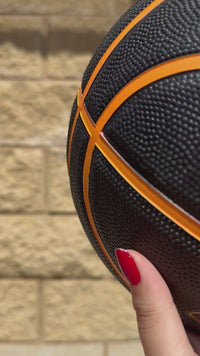 Load and play video in Gallery viewer, Personalised Spalding Rubber Black/Orange Highlight Foil Basketball (Size 6, 7)
