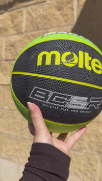 Load and play video in Gallery viewer, Personalised Molten BCR2 Black/Green Rubber Basketball (Size 5)
