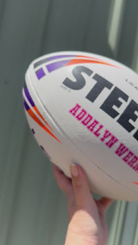 Load and play video in Gallery viewer, Personalised Match Rugby League White/Purple Steeden (size 5)
