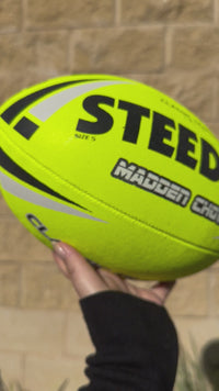 Load and play video in Gallery viewer, Personalised Yellow Steeden Rugby League Balls (Size 5)
