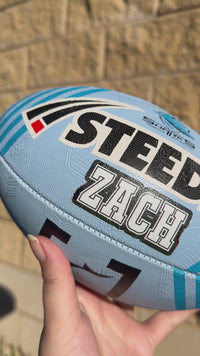 Load and play video in Gallery viewer, Personalised Cronulla Sharks Official NRL Ball (11inch mini ball)
