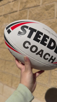 Load and play video in Gallery viewer, Personalised White &amp; Red Steeden Rugby League (size 5) - 4 day dispatch
