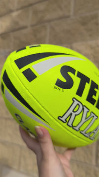 Load and play video in Gallery viewer, Personalised Yellow Steeden Rugby League Balls (Size 5)
