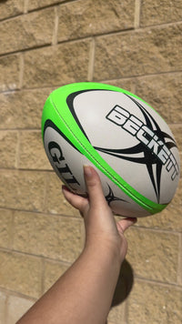 Load and play video in Gallery viewer, Personalised Gilbert Vector White/Green Rugby Union Ball (Size 5)
