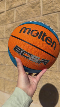 Load and play video in Gallery viewer, Personalised Molten BCR2 Orange/Cyan Rubber Basketball (Size 5)
