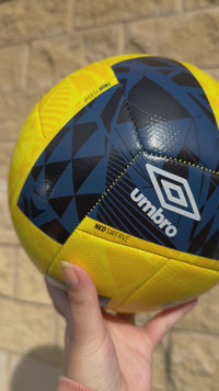 Load and play video in Gallery viewer, Personalised Yellow/Blue Umbro Neo Swerve Soccer Ball (SIZE 5)
