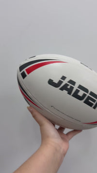 Load and play video in Gallery viewer, Personalised 2026 White &amp; Red Steeden Rugby League (size 5)
