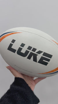 Load and play video in Gallery viewer, Personalised 2027 Match Rugby League White/Navy/Orange Steeden (size 5)
