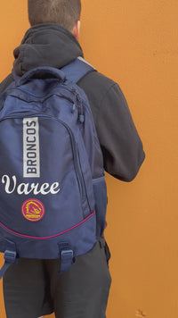 Load and play video in Gallery viewer, Personalised Brisbane Broncos Official NRL Backpack
