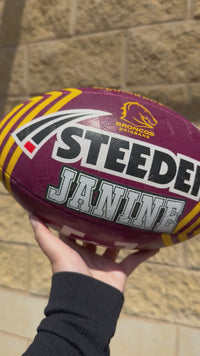 Load and play video in Gallery viewer, Personalised Brisbane Broncos Official NRL Ball (Size 5) - 4 Day Dispatch
