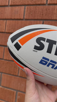 Load and play video in Gallery viewer, Personalised White &amp; Orange Steeden Rugby League Ball (Mod Size)
