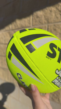 Load and play video in Gallery viewer, Personalised Yellow Steeden Rugby League Balls (Size 5)
