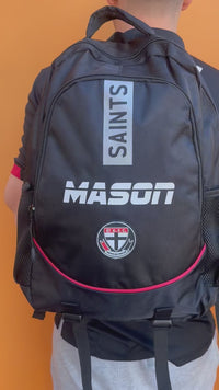 Load and play video in Gallery viewer, Personalised St Kilda Saints Official AFL Backpack
