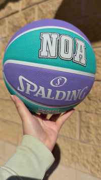 Load and play video in Gallery viewer, Personalised Spalding WNBL Rubber Basketball Teal &amp; Purple (Size 5, 6)

