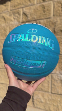 Load and play video in Gallery viewer, Personalised Spalding Rubber Blue Highlight Rush Basketball (Size 5, 6, 7)
