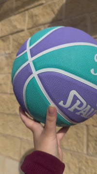 Load and play video in Gallery viewer, Personalised Spalding WNBL Rubber Basketball Teal &amp; Purple (Size 5, 6)
