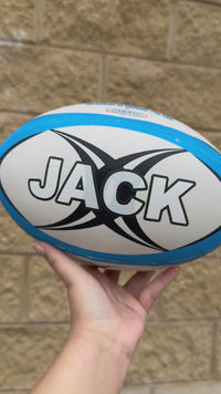 Load and play video in Gallery viewer, Personalised Gilbert Vector White/Blue Rugby Union Ball (Size 4)
