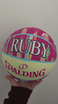Load and play video in Gallery viewer, Personalised Spalding Pink Multi Marble Glow Rubber Basketball (Size 5, 6)
