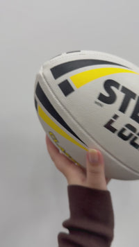 Load and play video in Gallery viewer, Personalised White/Yellow Steeden Rugby League Balls (Mini Size)

