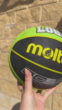 Load and play video in Gallery viewer, Personalised Molten BCR2 Black/Green Rubber Basketball (Size 5)
