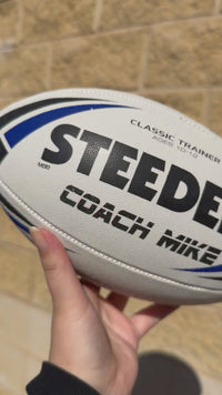 Load and play video in Gallery viewer, Personalised White/Blue Steeden Rugby League Balls (Mod Size)
