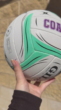 Load and play video in Gallery viewer, Personalised Gilbert Exo White and Teal Netball (SIZE 4, 5)
