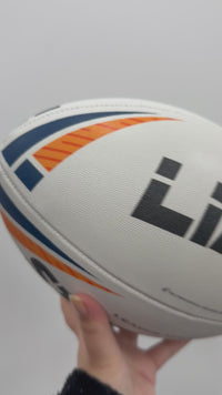 Load and play video in Gallery viewer, Personalised 2027 Match Rugby League White/Navy/Orange Steeden (size 5)

