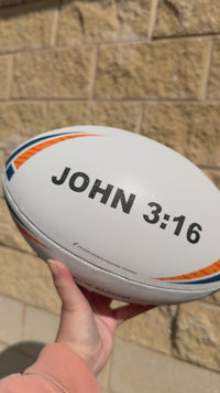 Load and play video in Gallery viewer, Personalised 2027 Match Rugby League White/Navy/Orange Steeden (size 5)

