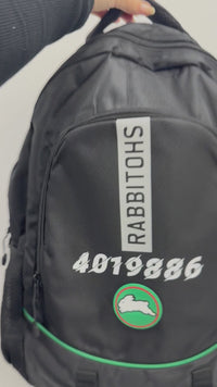 Load and play video in Gallery viewer, Personalised South Sydney Rabbitohs Official NRL Backpack
