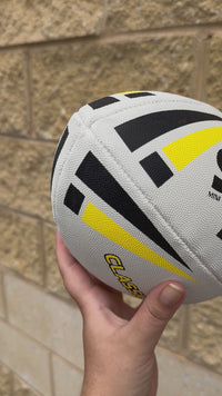 Load and play video in Gallery viewer, Personalised White/Yellow Steeden Rugby League Balls (Mini Size)
