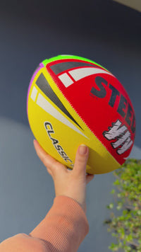 Load and play video in Gallery viewer, Personalised Multi Colour Steeden Rugby League Ball (Mini, Mod, Size 5)
