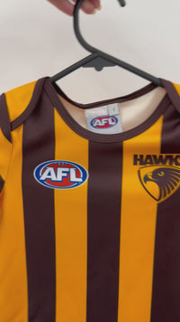 Load and play video in Gallery viewer, Personalised Hawthorn Hawks AFL Toddler Guernsey
