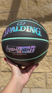 Load and play video in Gallery viewer, Personalised Spalding Rubber Black/Mint Highlight Foil Basketball (Size 5, 6)
