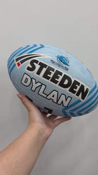 Load and play video in Gallery viewer, Personalised Cronulla Sharks Official NRL Ball (Size 5)
