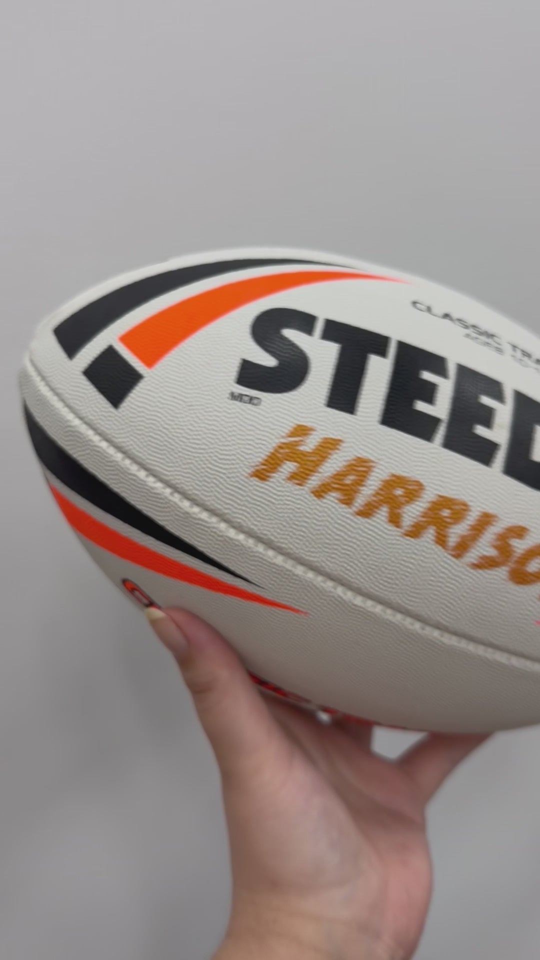 Personalised White & Orange Steeden Rugby League Ball (Mod Size)